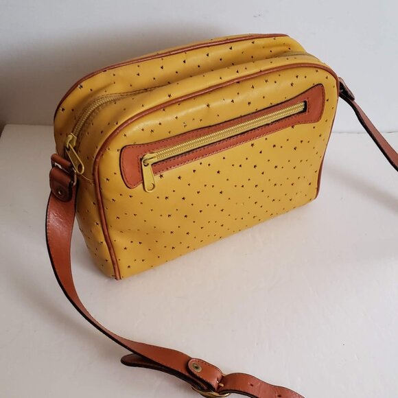Leather VINTAGE ITALIAN Bag 80s Retro Crossbody Boxy Mustard Yellow Tan Brown - Picture 15 of 16